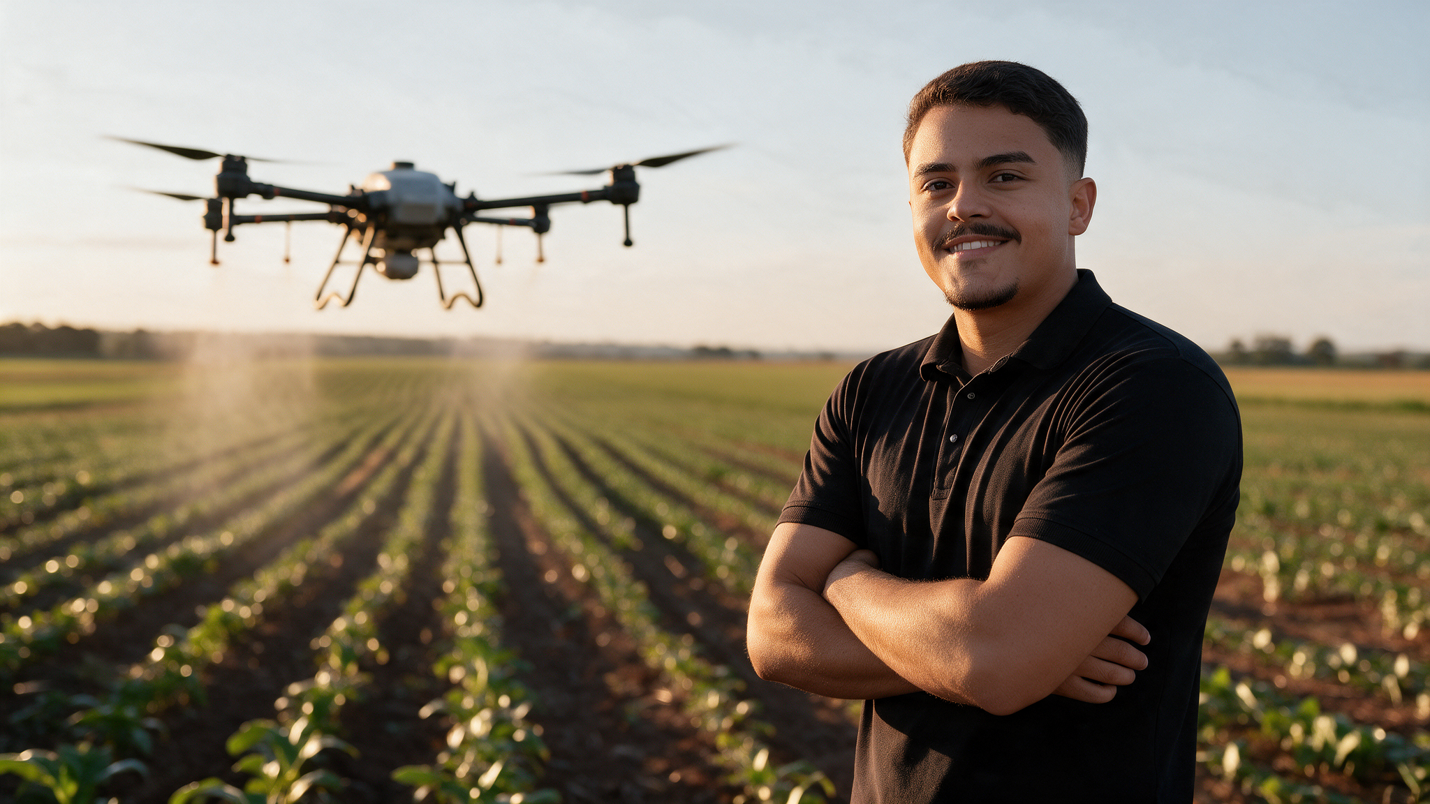 Victor Bueno ao lado de um drone agrícola no campo ao anoitecer